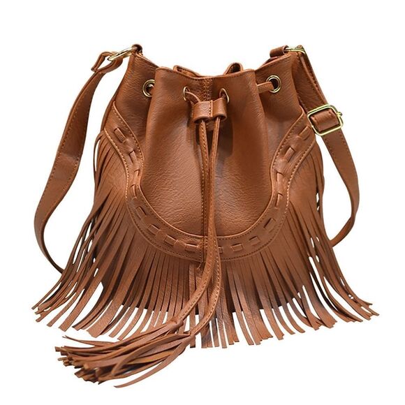 Urban Lux by TruCulture-Kate Tan Vegan Leather Bucket Bag with Fringe - Picture 1 of 5